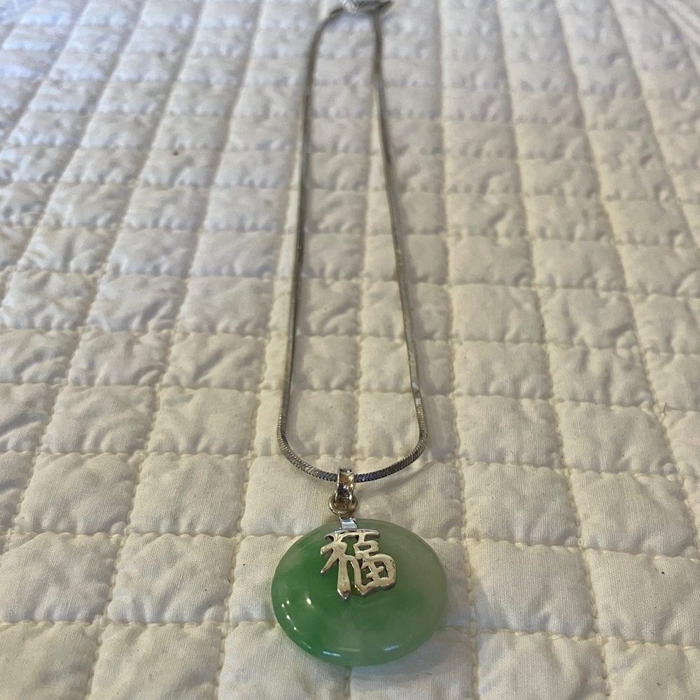 Green Jade-Style Pendant Necklace with Silver Chinese Good Fortune Symbol